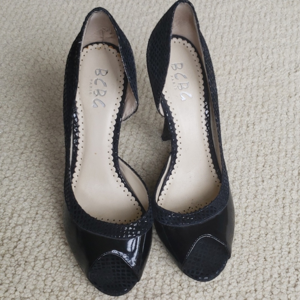 BCBG snakeskin and patent leather peep toes